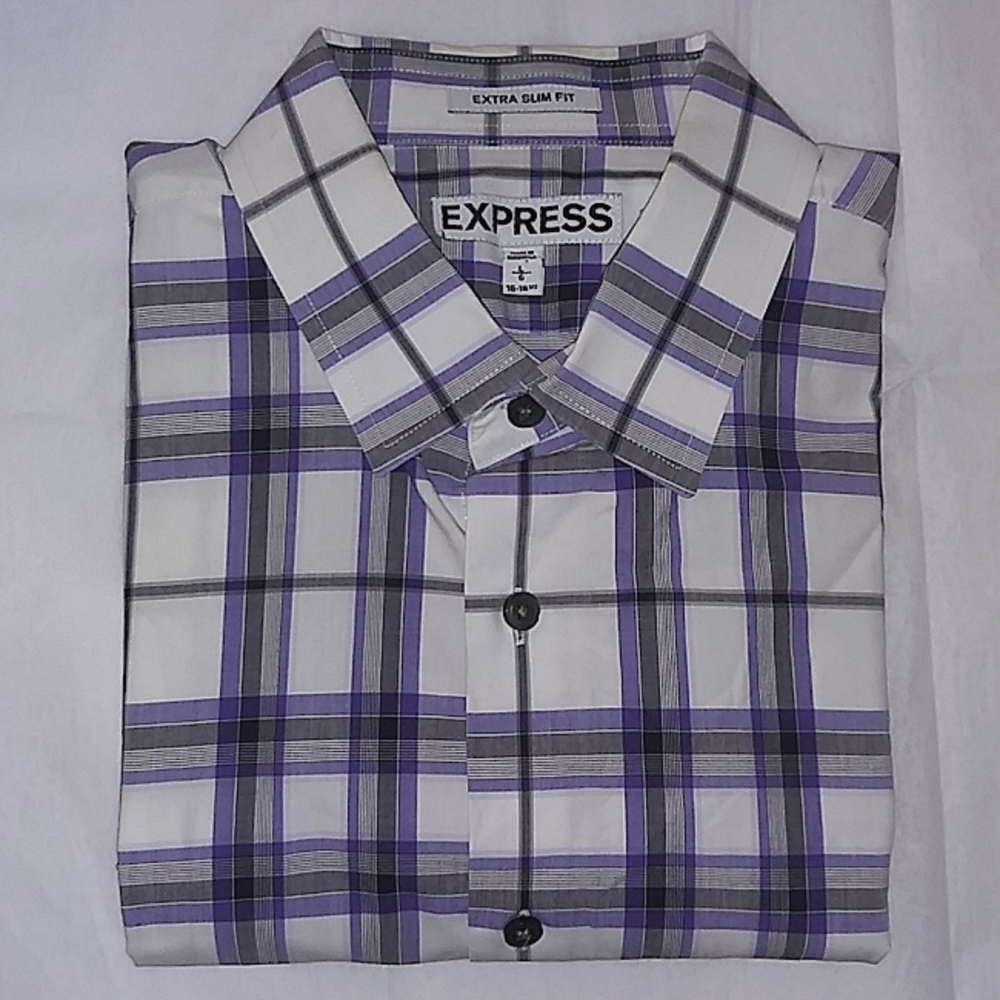 Express Extra Slim Fit checkered purple, white, gray, black dress shirt - Picture 6 of 7
